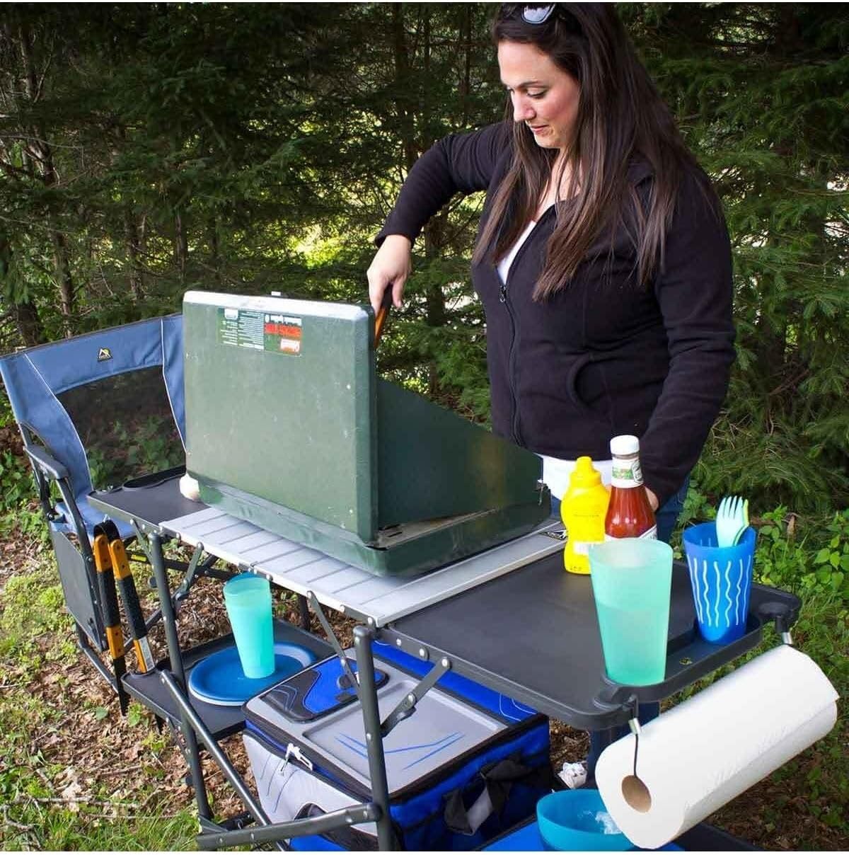 Mesa de Cozinha Portátil Dobrá - Camping Cooking Table With Storage avaliação e preço